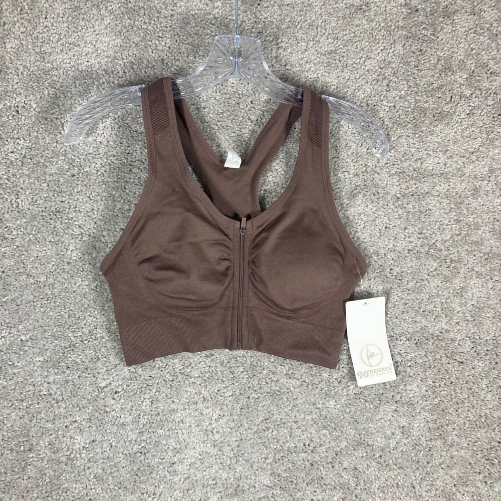 90 Degree By Reflex French Toast Brown Zipper Racerback Sports Bra Size L‎
